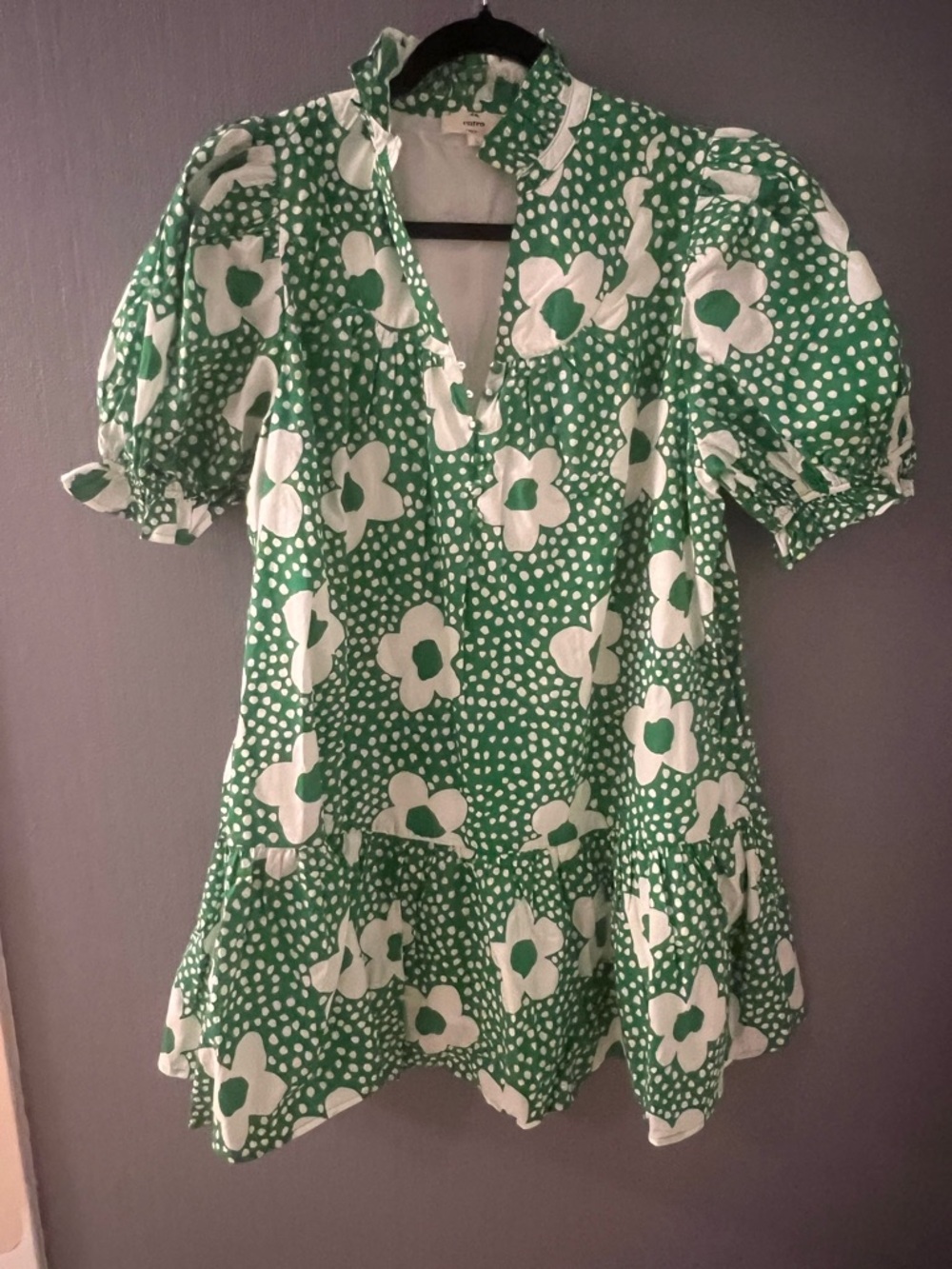 🌞NEW🌞Women’s Green Floral Puff-Sleeve Mini Dress With Pockets, Size Large